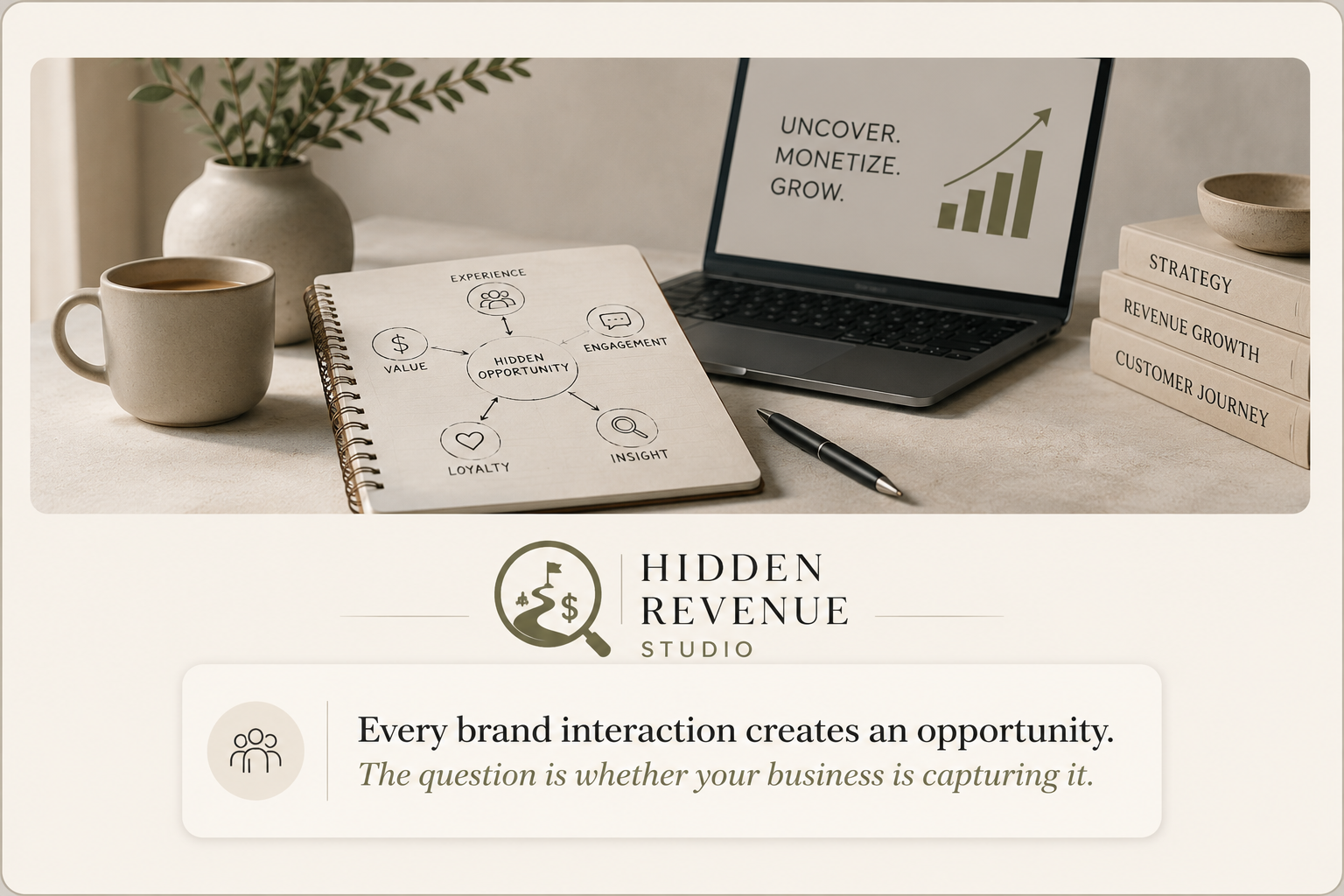Workspace illustrating customer experience, insight, loyalty and revenue growth